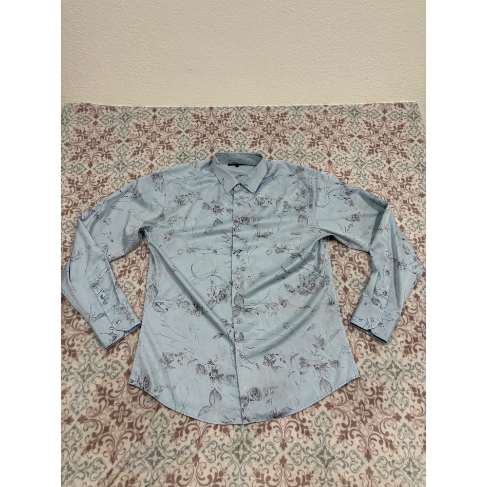 Designs Clothing Mens Large Light Blue Floral Button Up Shirt Long Sleeve Dress